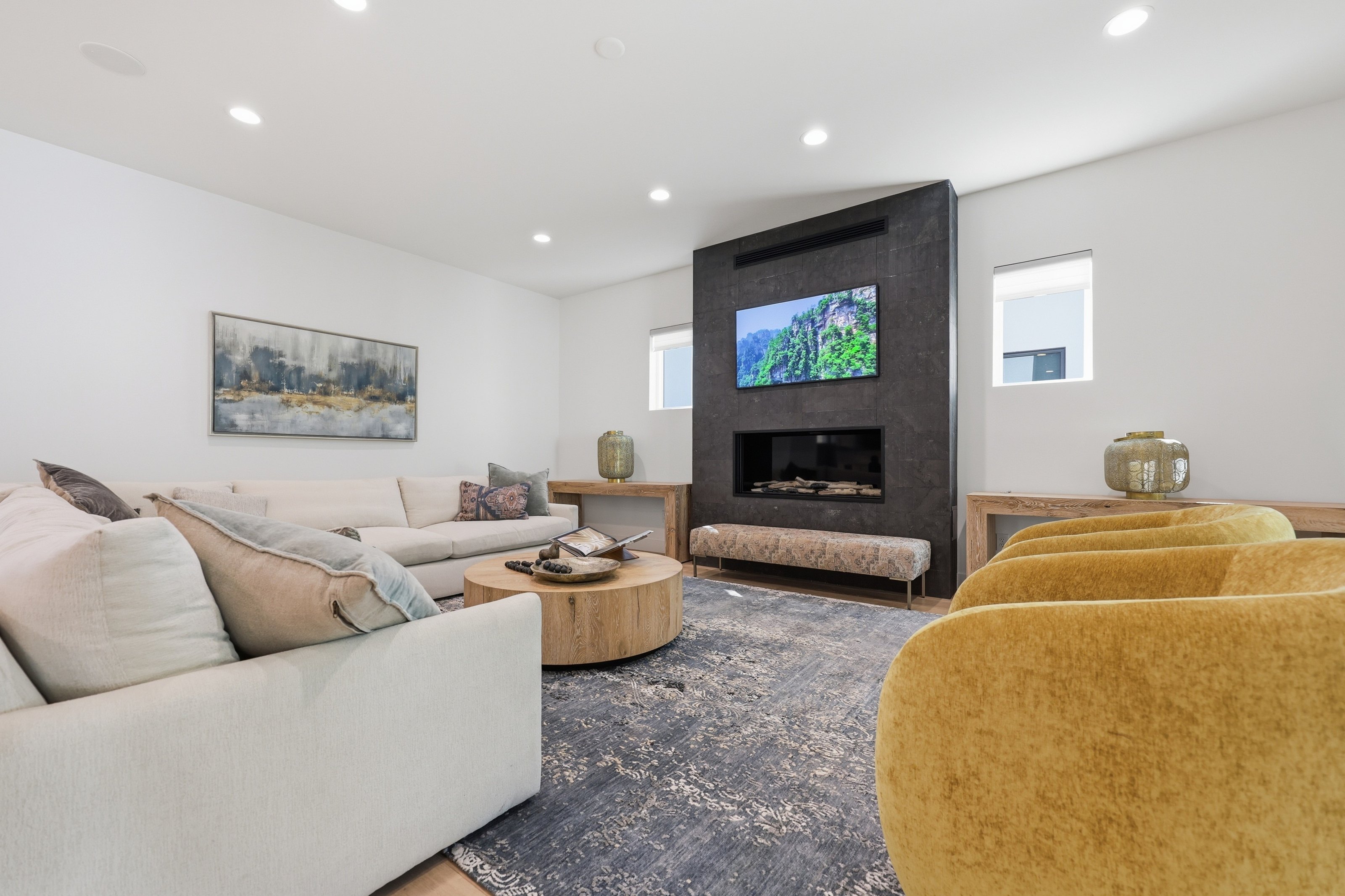 The living room fireplace wall